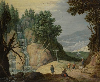 Un paisaje rocoso con cascada y viajeros en un sendero de Marten Ryckaert